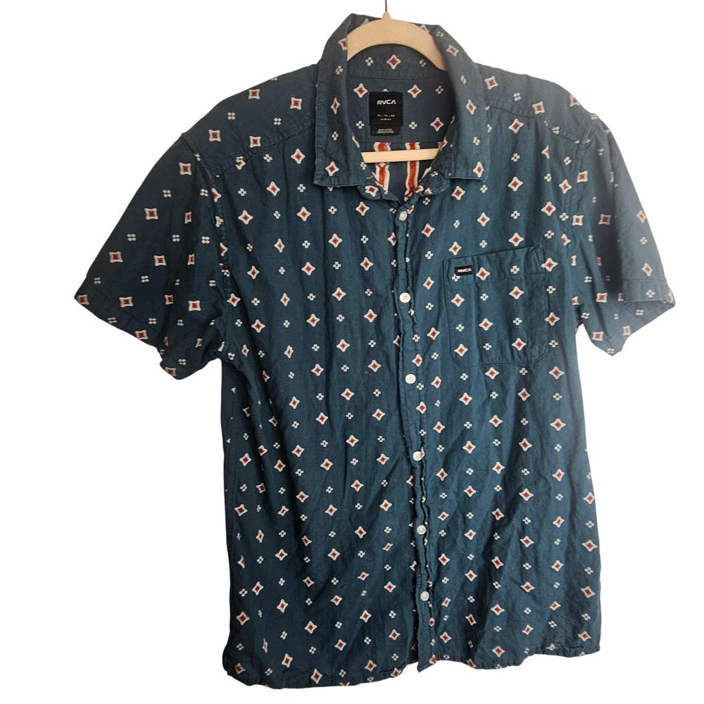 RVCA Mens Geometric Print Button Shirt XL Slim Fit Skater Cotton Weekend Vibes